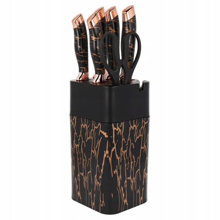 Set 5 cutite de bucatarie cu suport si ascutitor, Brunbeste, inox, negru mat, rose gold, 23x11x11cm