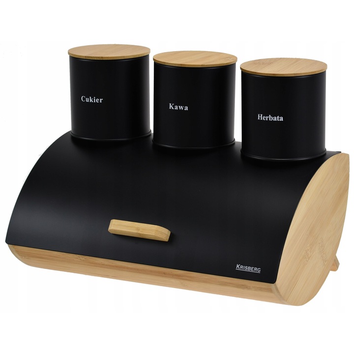 Chlebak din bambus cu set de recipiente pentru zahar, cafea si ceai, negru mat, 35x25x15.5cm, 10.5x10cm