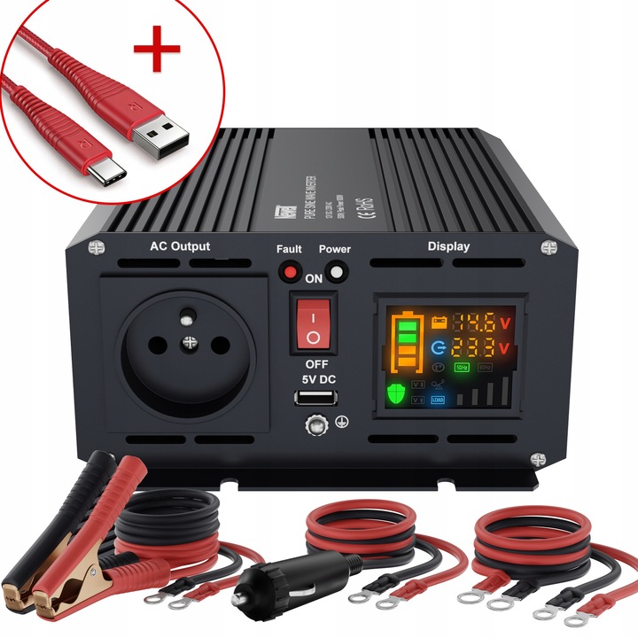 Inverter Newell 12 V / 230 V, 500 W, cu cablu USB-C - USB-A, protectie la suprasarcina, dimensiuni 20x15x8cm