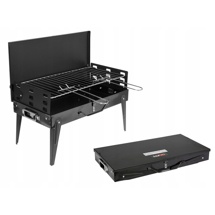 XL-Tools hordozható grill, 42x22cm, állítható magasságú, bőrönddel, grill kiegészítőkkel
