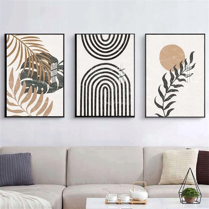 Tablouri set 3 bucati, decor cu imprimeu frunze, 60x90cm, fara rama, multicolor