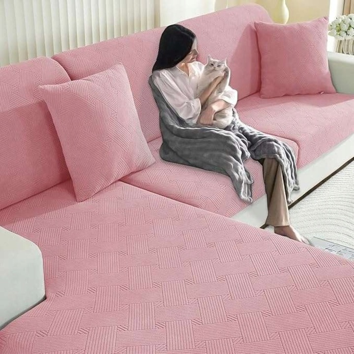 Husa extensibila pentru canapea 3 locuri + sezlong, antiderapant, roz, dimensiuni universale