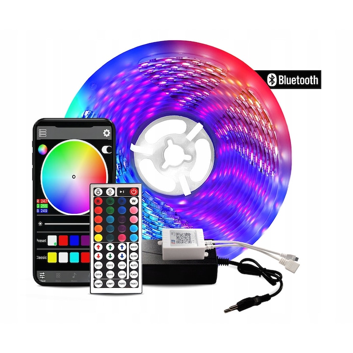 Benz LED RGB 5m, AGA, 300 LED-uri, control Bluetooth, IP65