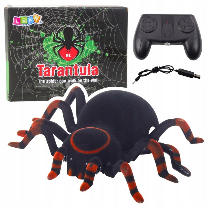 Paianjen R/C Tarantula, LEAN Toys, negru, 15x19cm, set cu telecomanda si cablu USB