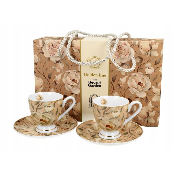 Комплект 2 чаши за еспресо с чинийки ENGLISH ROSES CREAM, порцелан New Bone China, 90мл