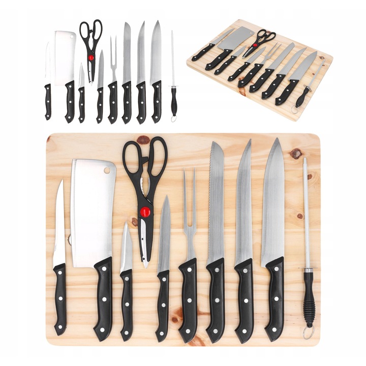 Set de cutite de bucatarie 11 piese cu bloc si tocator din lemn, otel inoxidabil, dimensiune tocator 45x35x1,5 cm