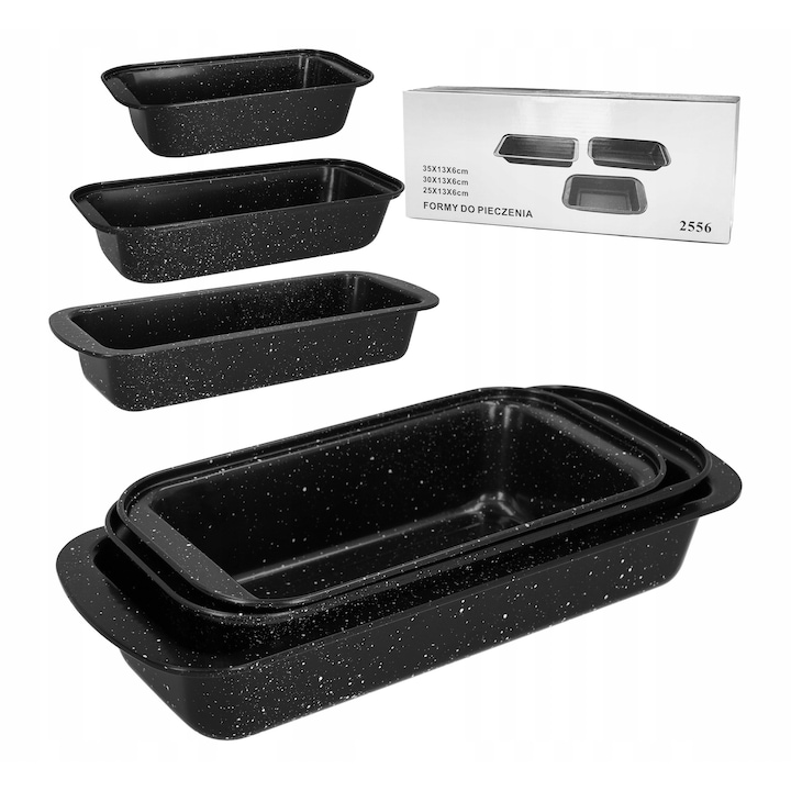 Set 3 tavi de copt, negru marmorat, 25x13x6cm, 30x13x6cm, 35x13x6cm