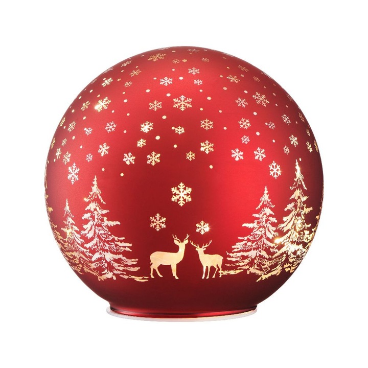 Decorațiune de Crăciun glob felinar din sticlă LED, roșu mat, model de iarnă, 15 lumini, 14cm, alimentat cu baterii