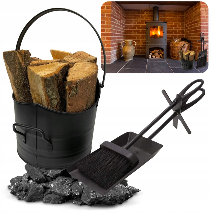 Set accesorii pentru seminee HuW, cos pentru cenusa, perie, 3 piese