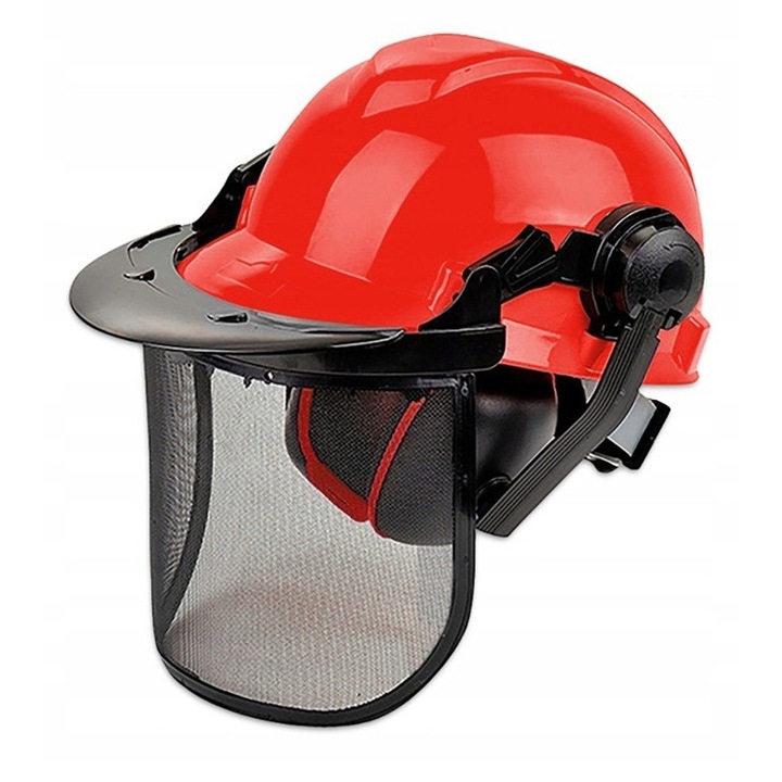 Casca de protectie Maan, set cu casti de protectie, masca din plasa metalica, 52-66cm, rosu/negru