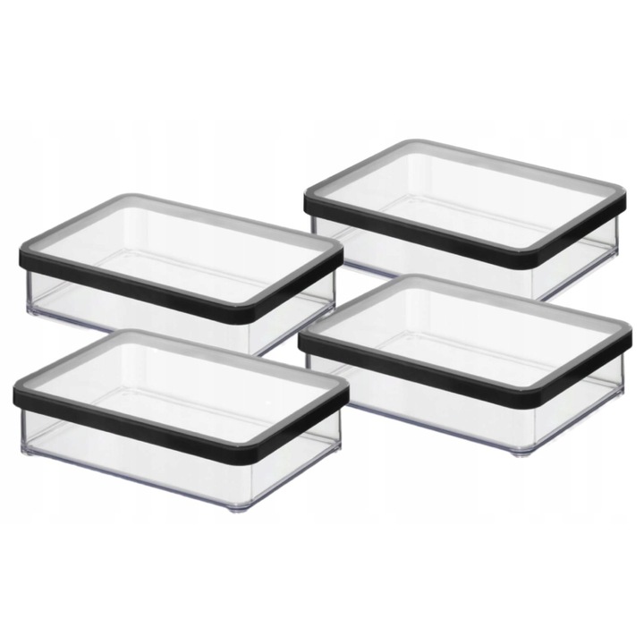 Set 4 cutii alimentare Rotho 1L pentru produse sypkie, transparent cu capac negru, 20x15x4,5cm
