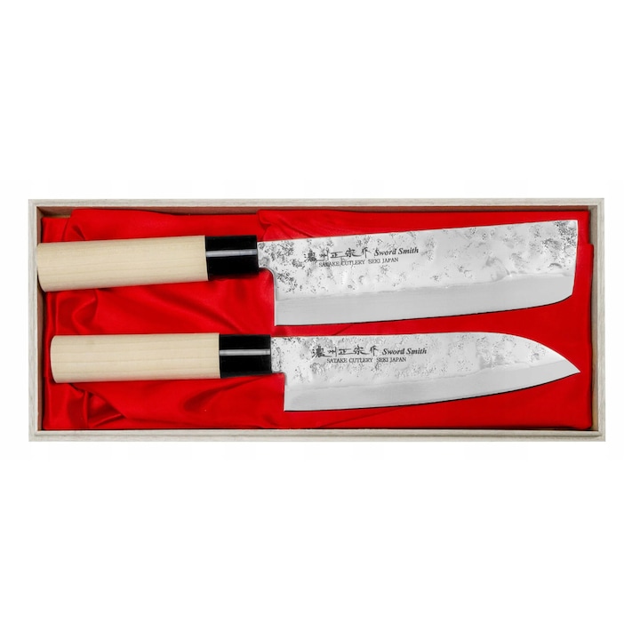 Set de cutite Satake Nashiji Natural Santoku + Nakiri, 16cm si 17cm, cutite din otel molibdeno-vanadiu, ambalaj din lemn