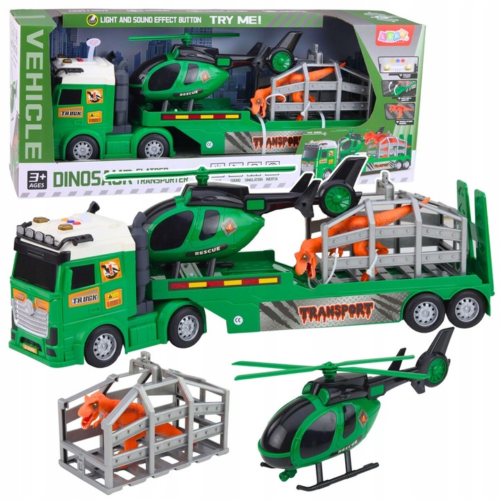Set Masinute, LEAN Toys, Transport Dinozaur, Camion, Helicopter, cu lumini si sunete