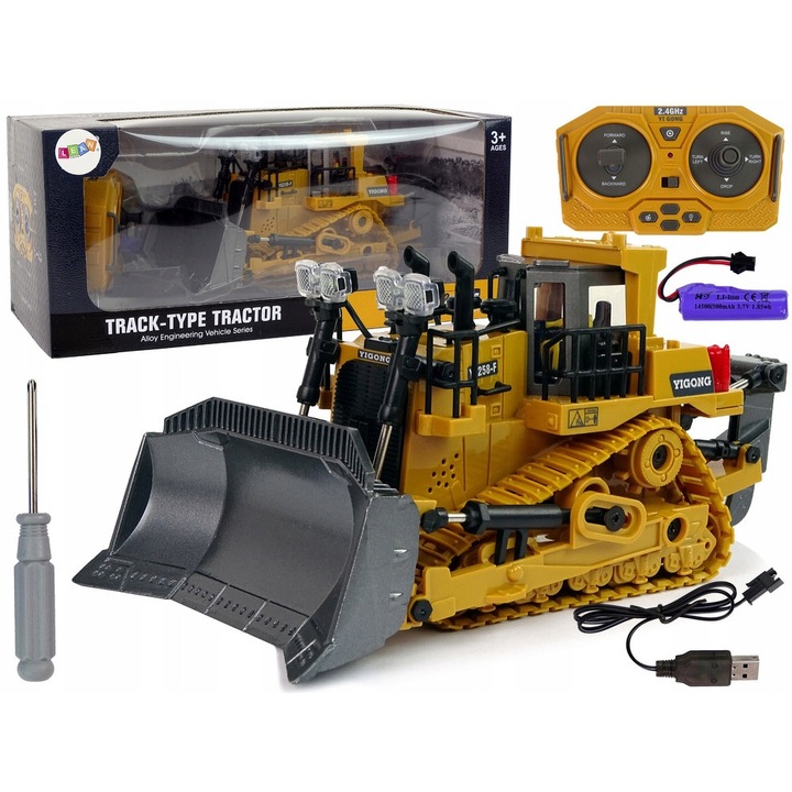 Buldozer de jucarie LEAN Toys, telecomanda 2.4G, galben, 20x10x10cm