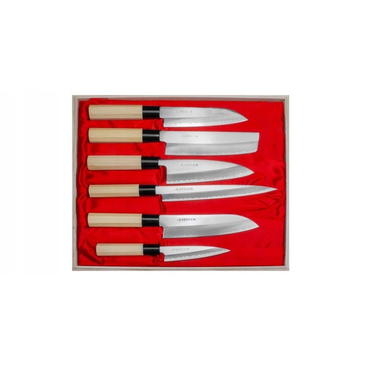 Set 6 cutite Satake Yoshimitsu, otel inoxidabil SK-5, diverse dimensiuni, lemn magnolie
