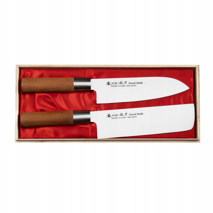 Set cutite Santoku 17cm si Nakiri 16cm, Satake, otel molibdeno-vanadiu, maner lemn de mesteacan