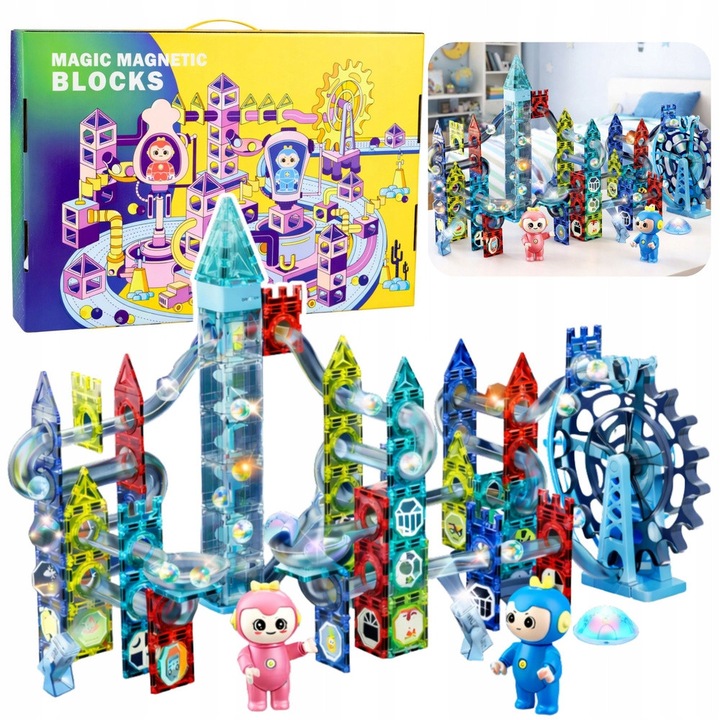 Set Klocki Magnetice 118 elemente, tor cu bile, multicolor, 56x36x9cm