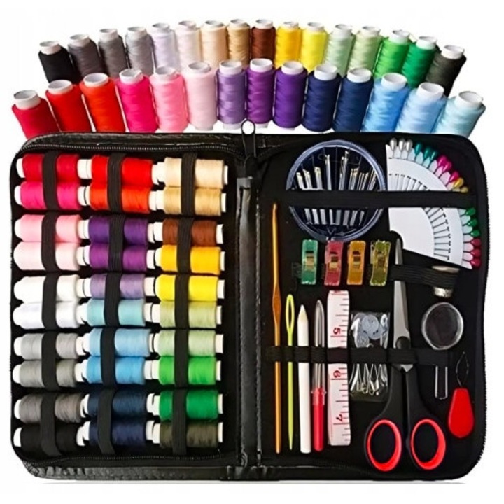 Set de cusut 112 elemente, accesorii cu torba, multicolor, pentru acasa si calatorii