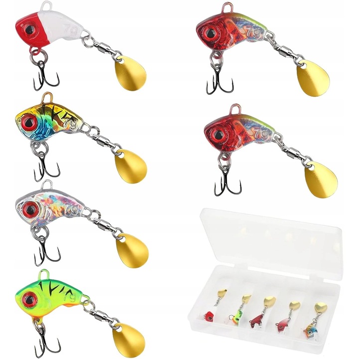 Set 6 momeli artificiale rotative, multicolor, cu cutie de depozitare, pentru pescuit spinning