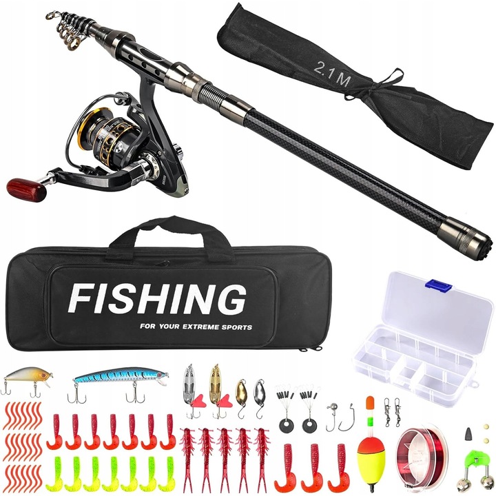 Komplett horgászszett, 2,1 m, teleszkópos bot, pergető orsó, kiegészítők, hordtáska, édesvízi és sós vízi használatra