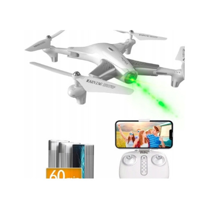 Dron cu camera HD, 60 minute zbor, alb, set complet cu 3 acumulatori