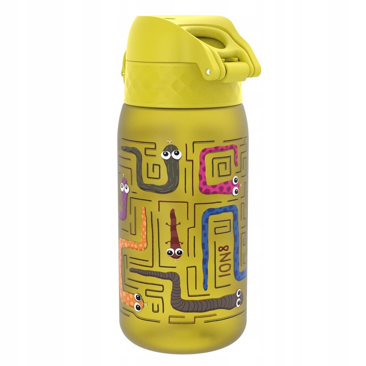 Bidon/sticla Ion8 Snakes, pentru copii, din Recyclon fara BPA/BPS, cu capac etans si deschidere cu o mana, galben, 400ml