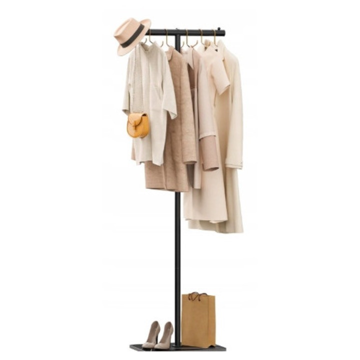 Cuier metalic negru, 175 cm, cu suport pentru haine, design minimalist, forma in T, 39x26cm