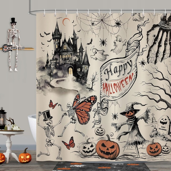 Cort de dus Halloween, 183x183cm, impermeabil, cu carlige, multicolor