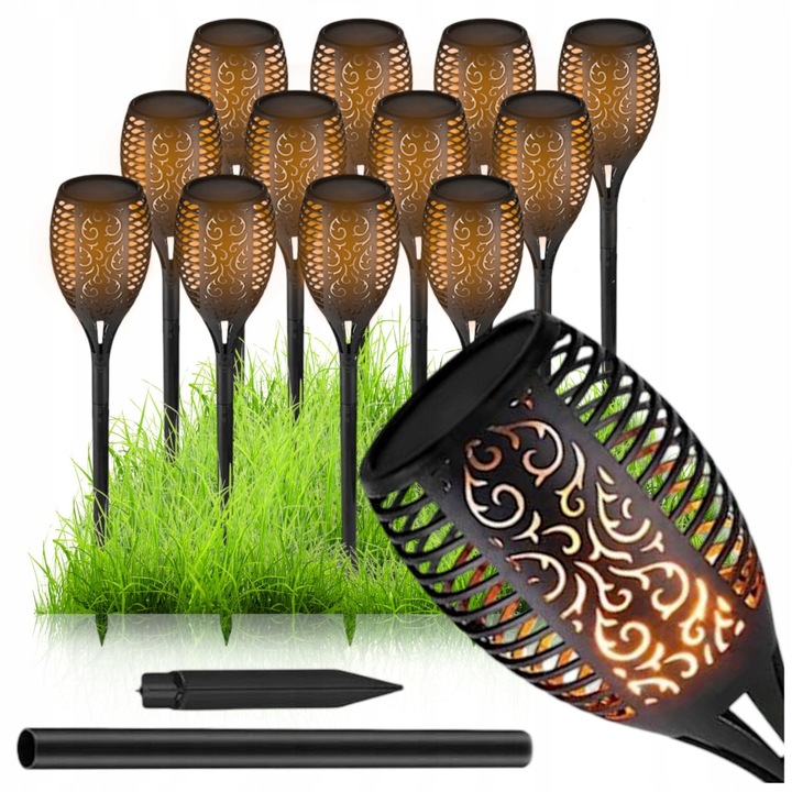 Set 12 lampi solare LED Pochodnie, efect flacara, negru, 52x7cm