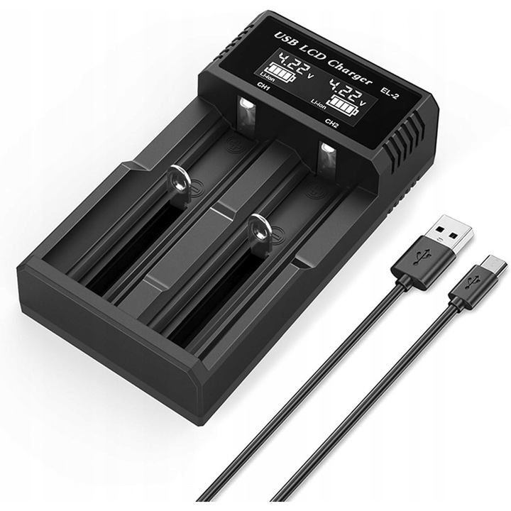 18650/26650/AA/AAA akkumulátortöltő, 2 foglalat, USB-C 2A, fekete, méretei 11x6x3cm