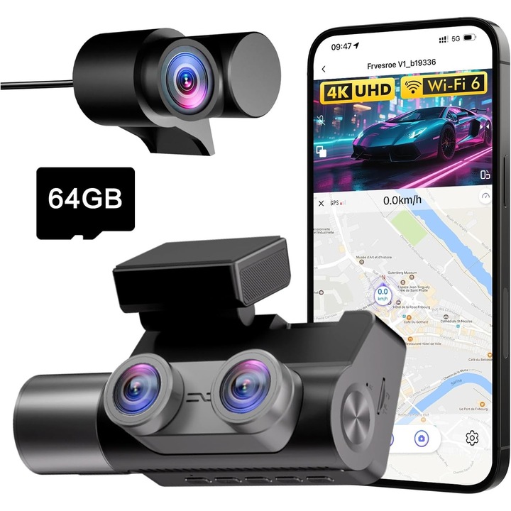 Rejestrator auto 3 canale, 4K + 1080P, WiFi 6, GPS, camera interioara cu IR, card 64 GB inclus