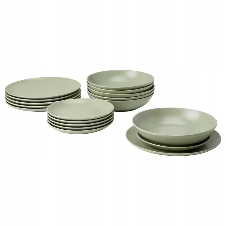 Set servicii de masa IKEA, 18 piese, mata, verde, 6 farfurii, 6 farfurii desert, 6 farfurii adanci