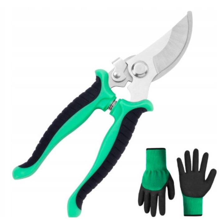Foarfeca gradinarit tip kowadelkowy 19 cm, verde, set cu manusi de protectie