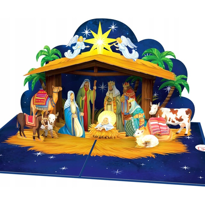 3D pop-up képeslap, születési jelenet, papír, 12x17,5cm, többszínű