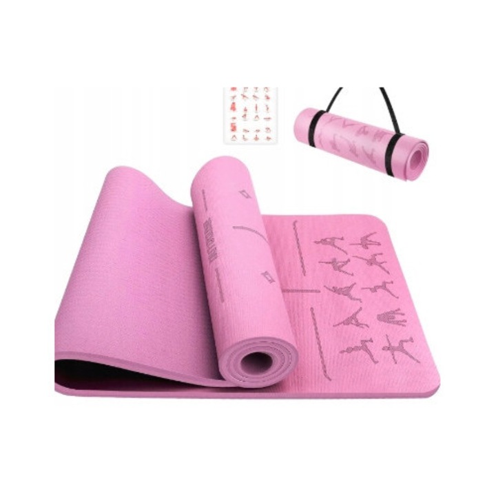 Saltea antrenament, 183x61 cm, 6 mm, roz/liliu, cu linie pozitii si curea de transport