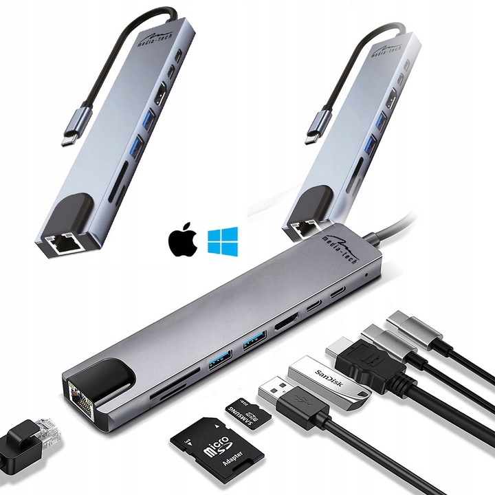 MEDIA-TECH 8 az 1-ben multimédia hub, Giga LAN, USB-A, USB-C, RJ45, HDMI, SD