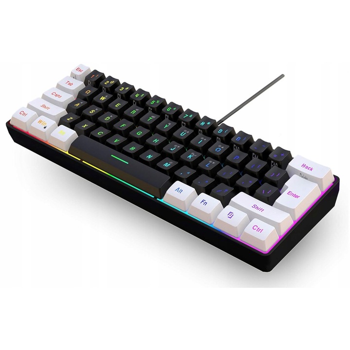 Tastatura mecanica gaming 60%, 61 clape, iluminare LED multicolora, interfata USB-C, 290x102x40mm