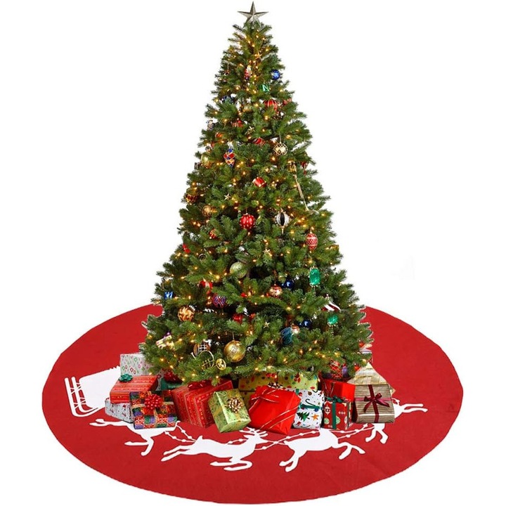 Funda de brad rosie din fetru, motiv renifer si Mos Craciun, 80cm, set decorativ