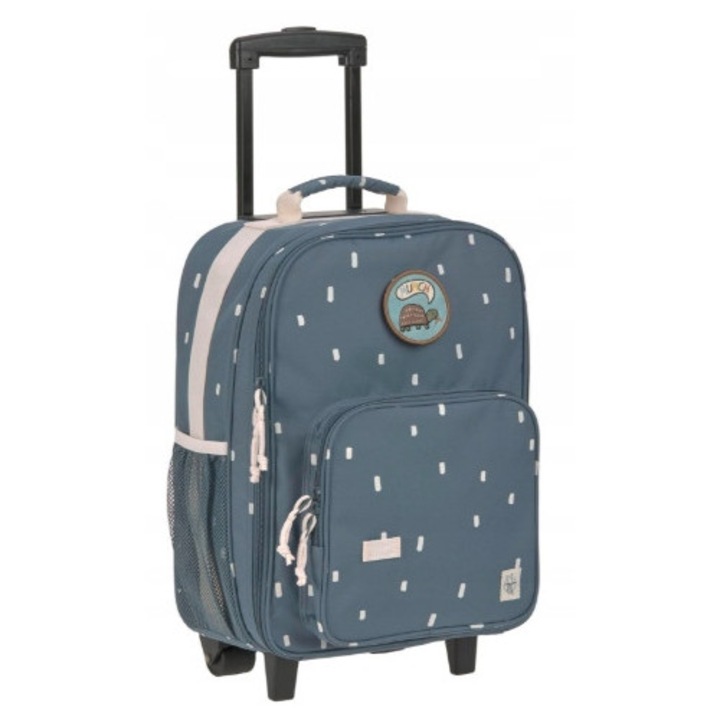 Troler copii 46 cm, design prietenos, culoare albastru inchis, cu roti silentioase, manere telescopice ajustabile