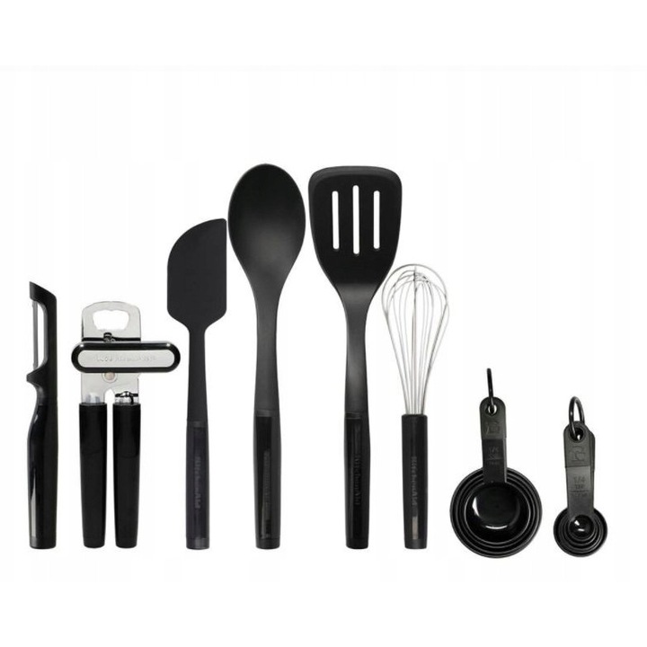 Set ustensile de bucatarie, KitchenAid, 15 piese, rezistent la caldura, negru, 13x20,5x32,99cm