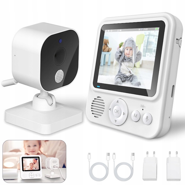 BEDEE 2,8" HD baba videó monitor, kétirányú hang, hőmérséklet-figyelés, fehér, 8,1x8,8cm