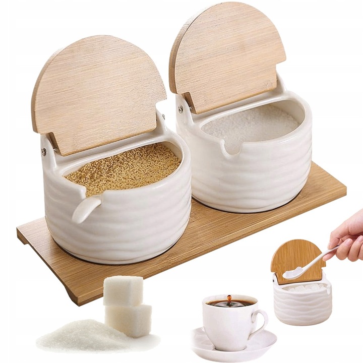 Set 2 Sloite Ceramice cu Lingurite si Baza din Lemn, Alb, 250ml