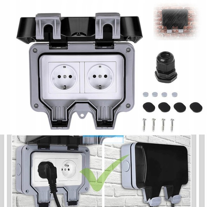 Gniazdo exterior dublu, IP66, rezistent la apa, 220-250V, 16A, 2 prize