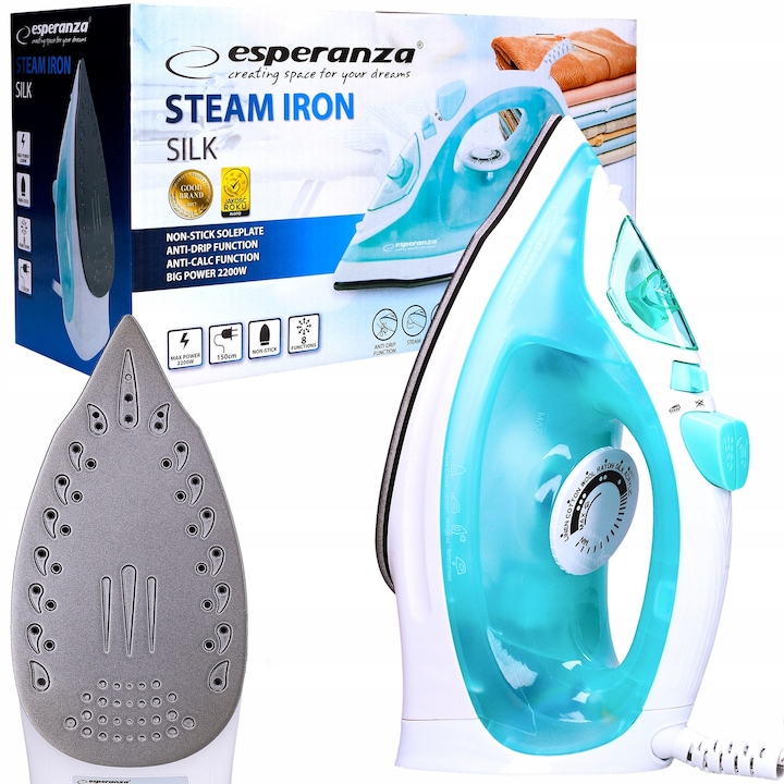 Fier de calcat cu abur Esperanza SLIK, 2200W, ceramica, sistem anti-calc, 11,5x22cm, set de functii de calcare