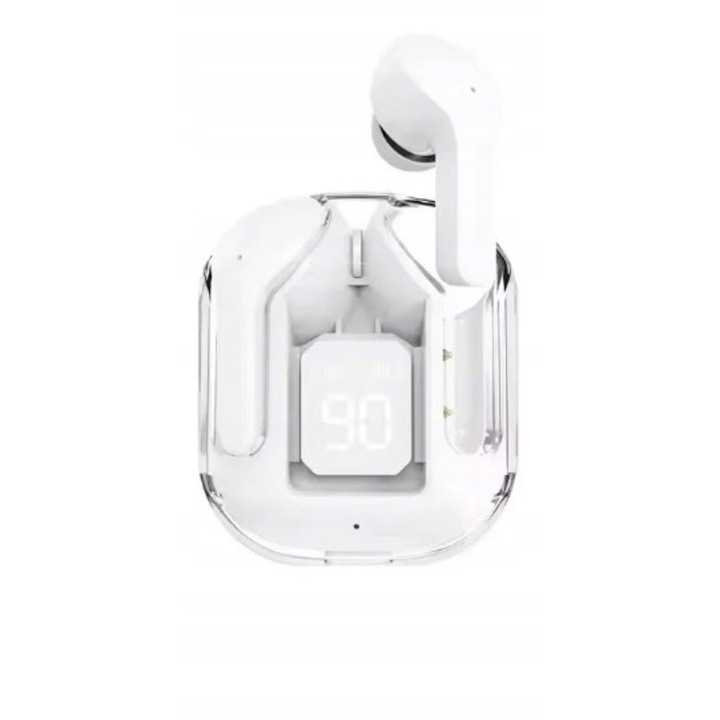 Casti wireless T2 TWS Bluetooth, 28 ore autonomie, alb, set 2 bucati