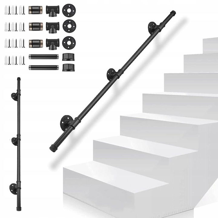 Balustrada metalica BEDEE, 150x3,2cm, neagra, set complet pentru instalare, utilizare versatila