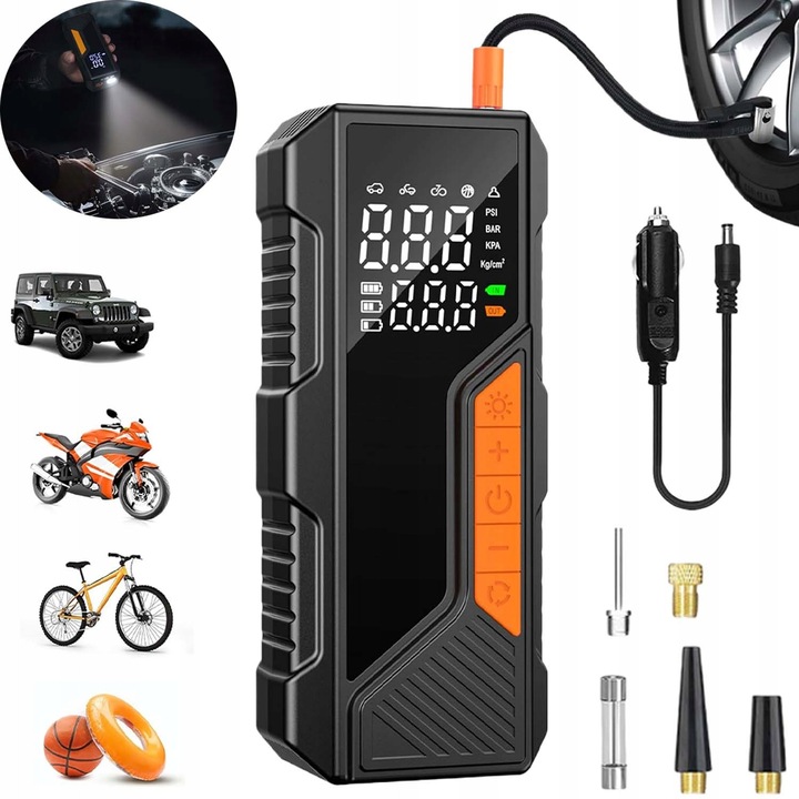 Compresor portabil pentru pneuri, 1500MAH, 150PSI, cu manometru digital, 4 moduri de pompare, LED, set complet