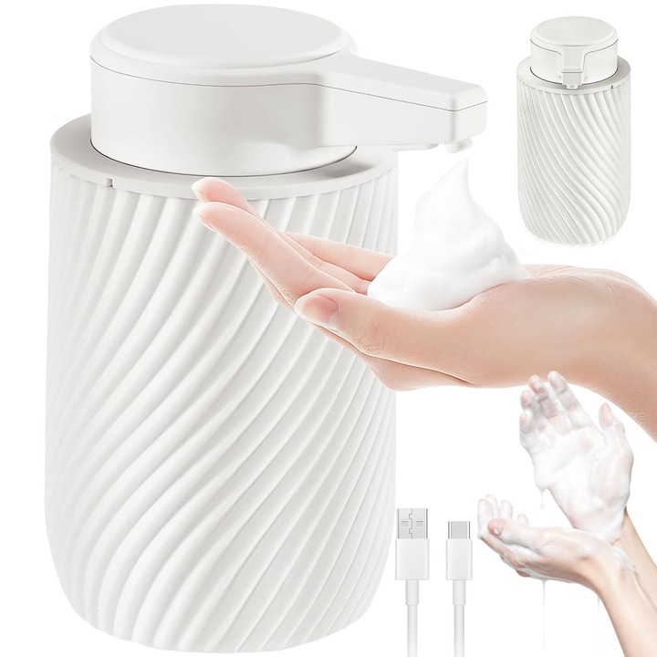 Automata szappanadagoló, 300 ml, USB töltés, modern design, fehér