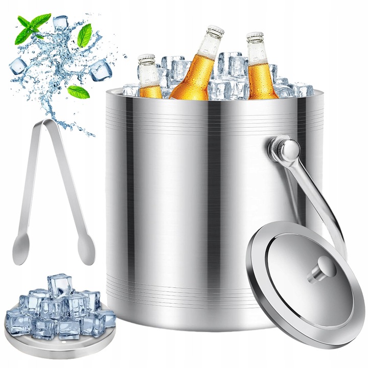 Rozsdamentes acél jégvödör 2 literes űrtartalommal, jégfogóval, ezüst színű