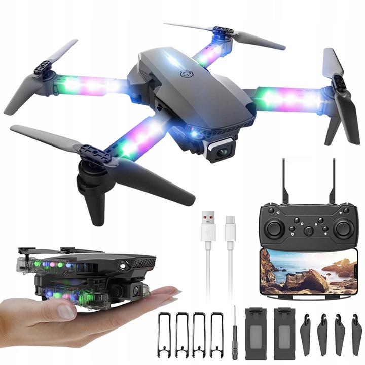 Dron BEDEE E99D, cu camera HD, efecte luminoase, 2 baterii, negru, dimensiuni 25x25x5,5cm desfacut, 7x13x5,5cm pliat